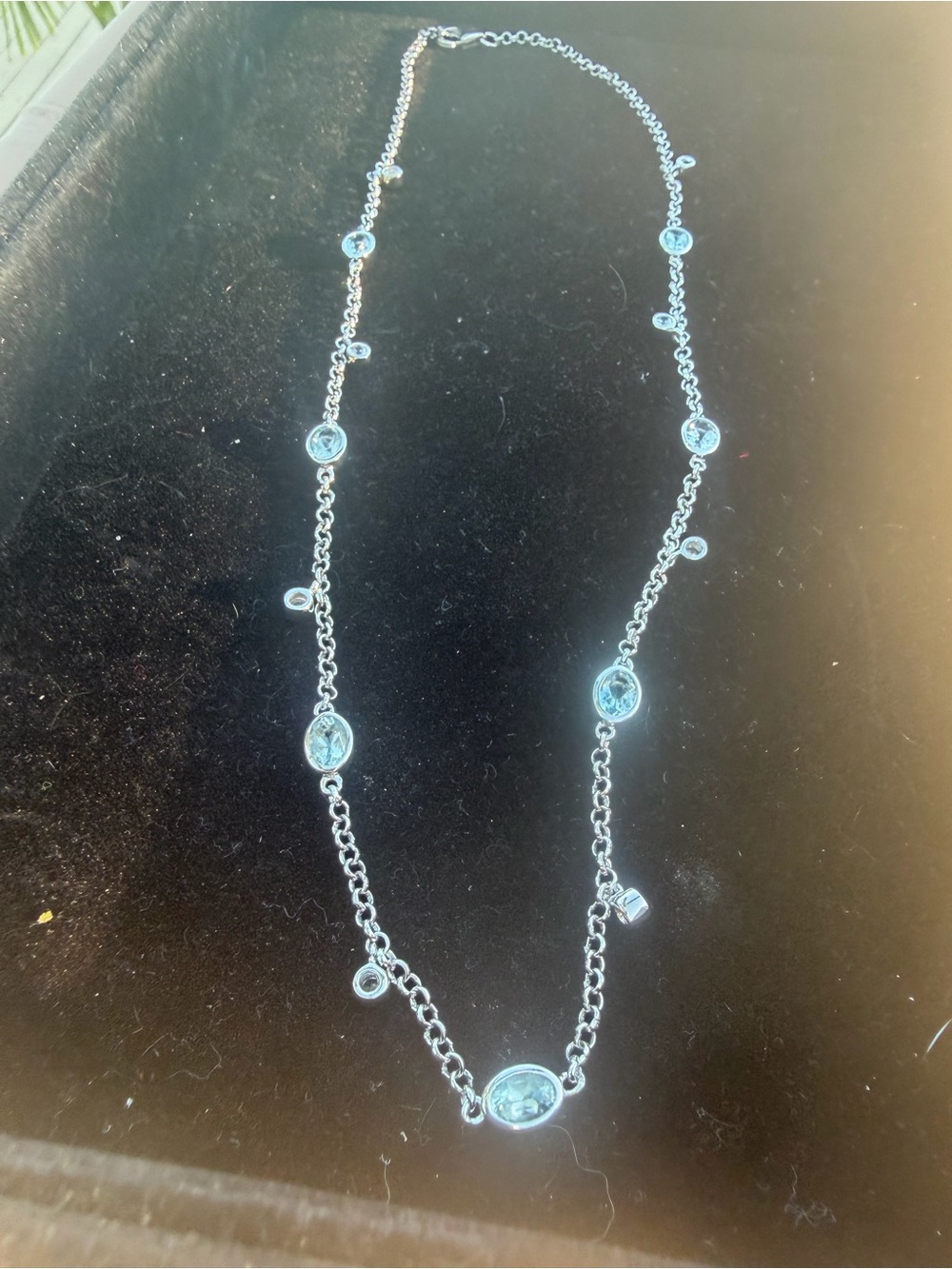 Sterling Silver Blue Aquamarine and Natural Diamonds Station Necklace